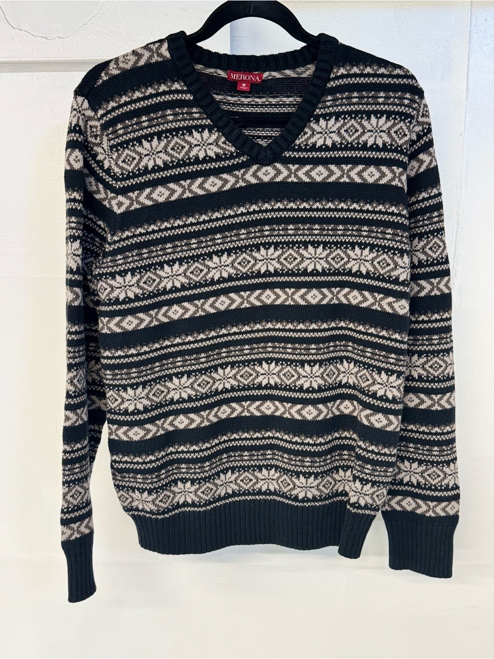 Merona Men's Black & Cream Fair Isle V-Neck Sweater